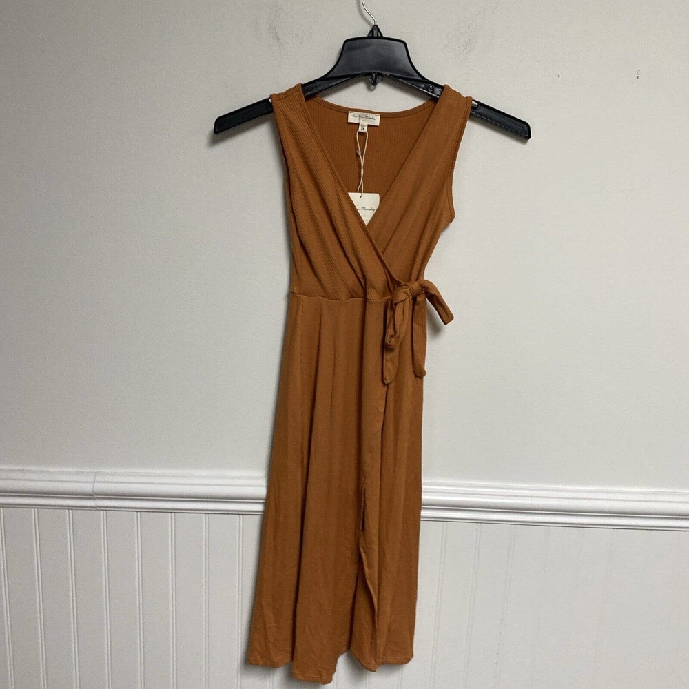 See You Monday Orange Pho Wrap V Neck Ribbed Stretch Dress Size XS